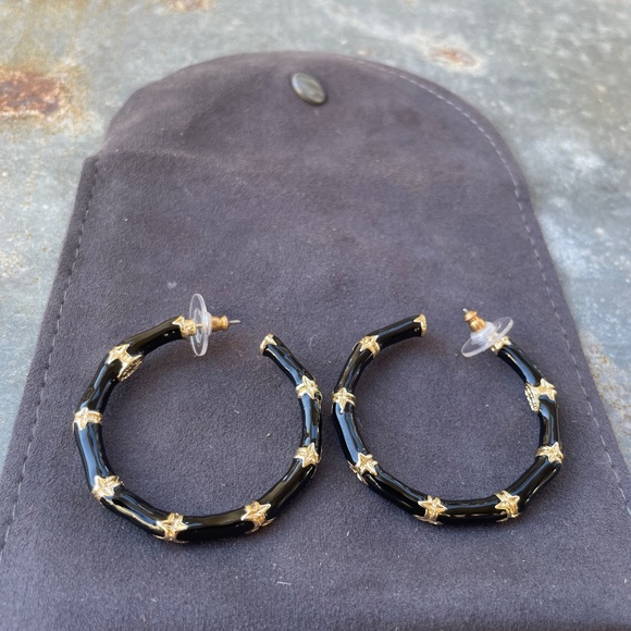 Kenneth Jay Lane Black Bamboo Enamel Hoop Earrings - Picture 1 of 6